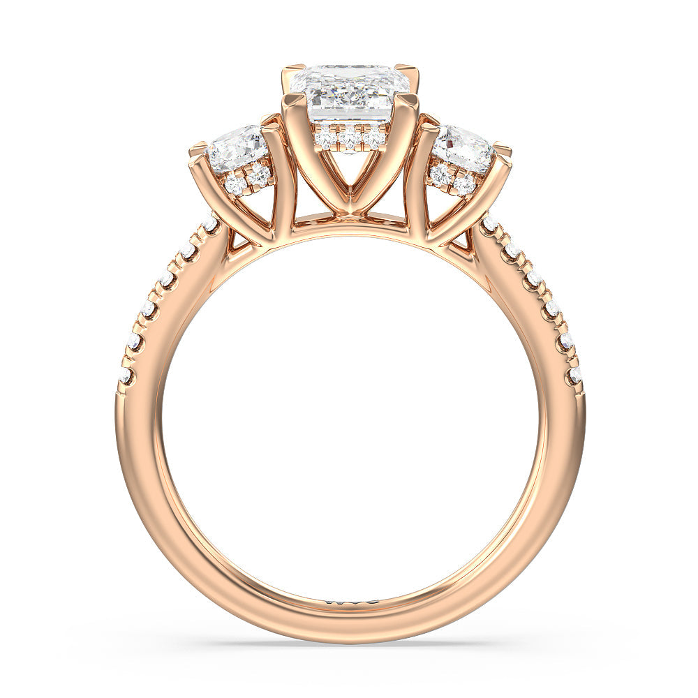 Three Stone Hidden Halo Cathedral Engagement Ring with Emerald Cut Diamond in 14KT Rose Gold view 2
