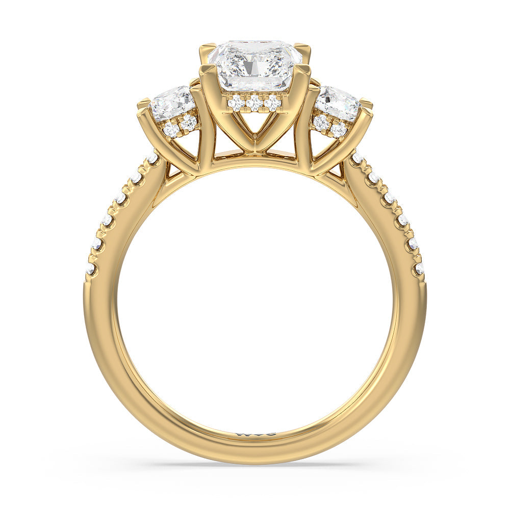Three Stone Hidden Halo Cathedral Engagement Ring with Radiant Cut Diamond in 14KT Yellow Gold view 2
