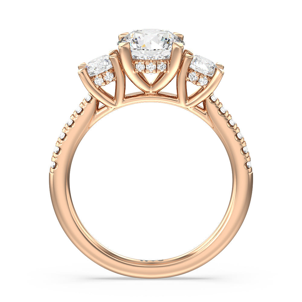 Three Stone Hidden Halo Cathedral Engagement Ring with Round Cut Diamond in 14KT Rose Gold view 2
