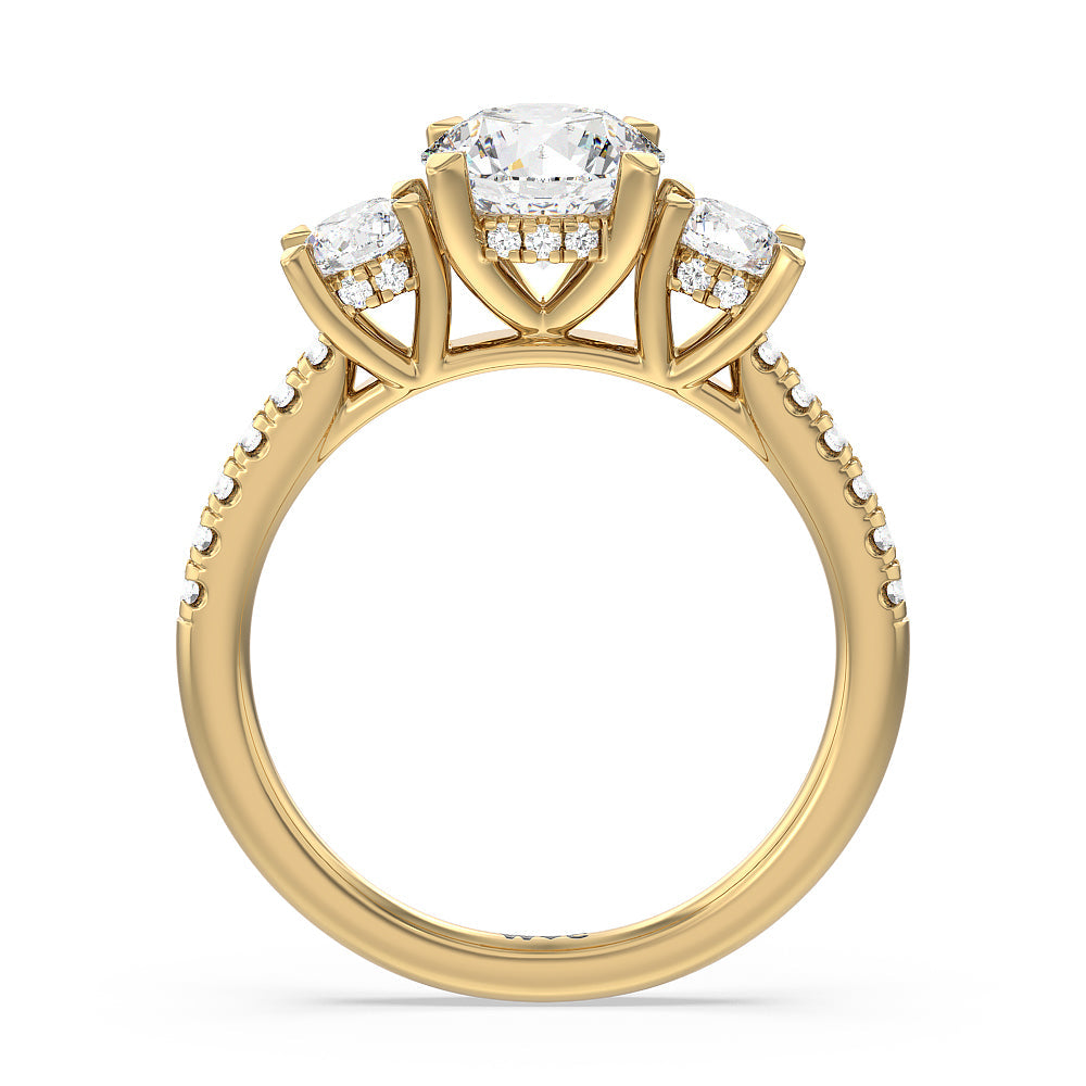 Three Stone Hidden Halo Cathedral Engagement Ring with Round Cut Diamond in 14KT Yellow Gold view 2
