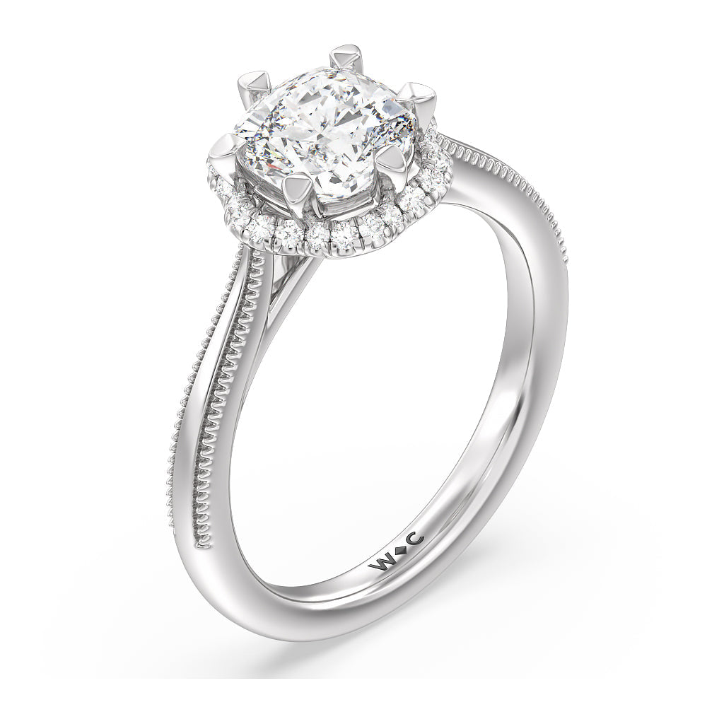Cushion Cut Floral Halo Cathedral Engagement Ring with Lab Grown Diamond in 14KT Platinum view 3
