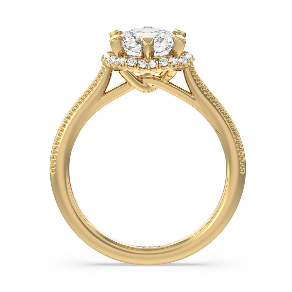 Cushion Cut Floral Halo Cathedral Engagement Ring with Lab Grown Diamond in 14KT Yellow Gold view 2
