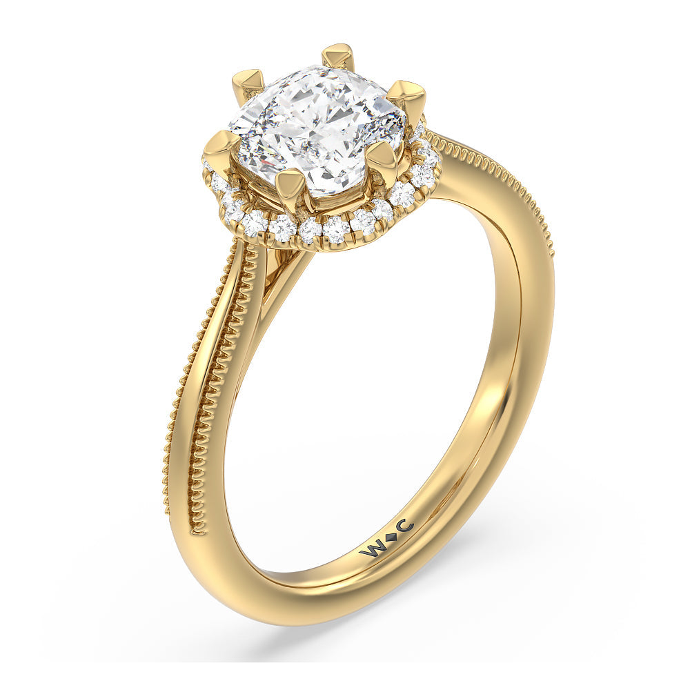 Cushion Cut Floral Halo Cathedral Engagement Ring with Lab Grown Diamond in 14KT Yellow Gold view 3
