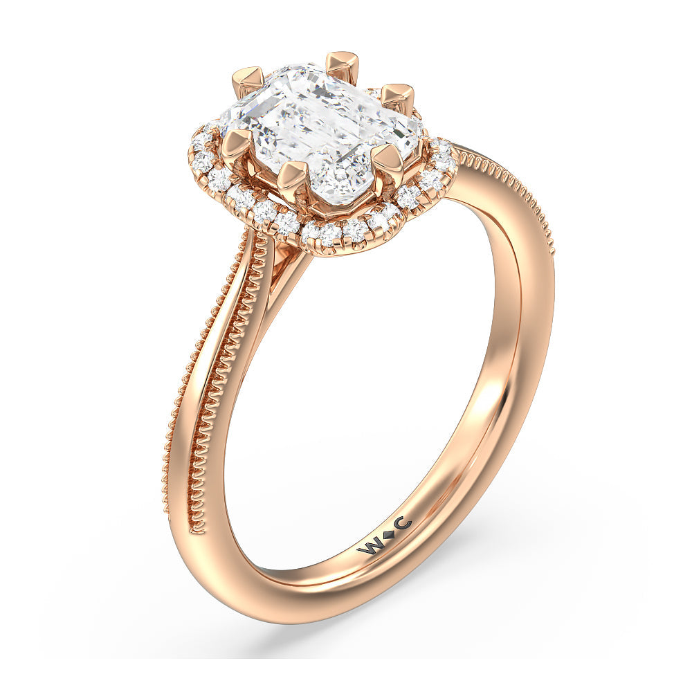 Emerald Cut Floral Halo Cathedral Engagement Ring with Lab Grown Diamond in 14KT Rose Gold view 3
