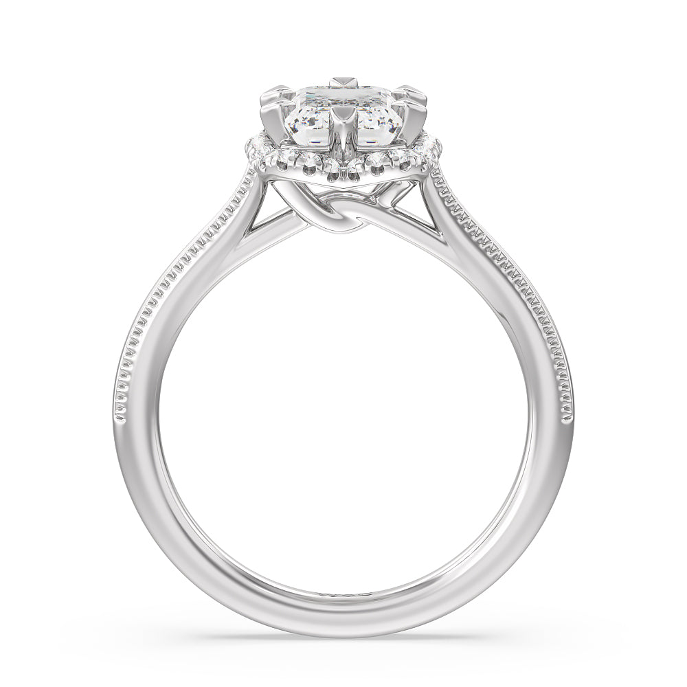 Emerald Cut Floral Halo Cathedral Engagement Ring with Lab Grown Diamond in 14KT Platinum view 2
