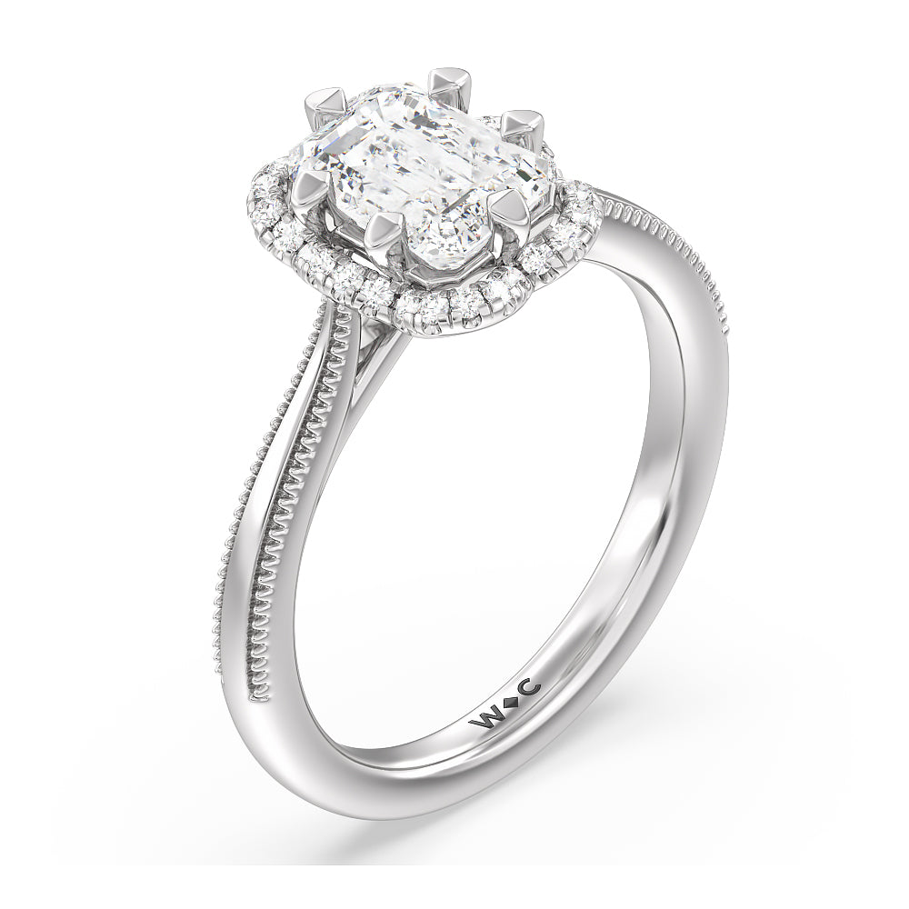 Emerald Cut Floral Halo Cathedral Engagement Ring with Lab Grown Diamond in 14KT Platinum view 3
