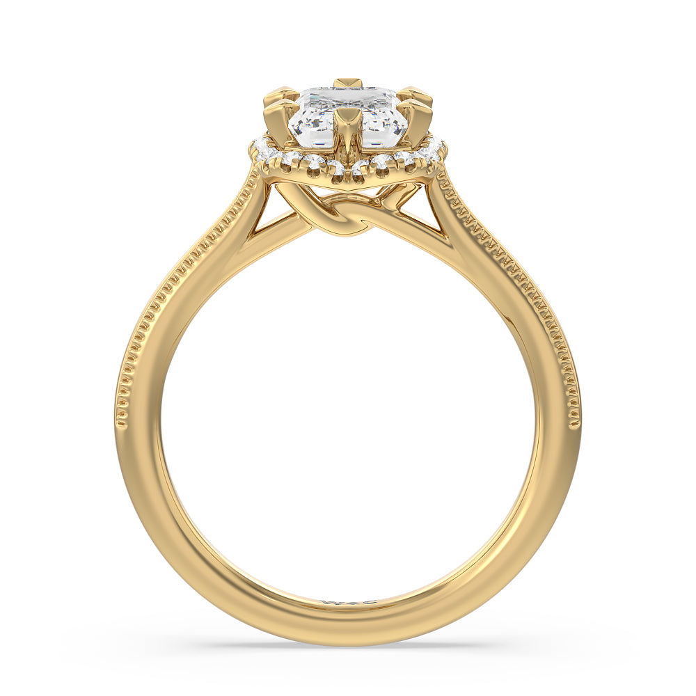 Emerald Cut Floral Halo Cathedral Engagement Ring with Lab Grown Diamond in 14KT Yellow Gold view 2
