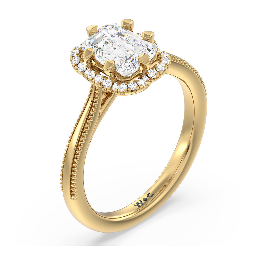 Emerald Cut Floral Halo Cathedral Engagement Ring with Lab Grown Diamond in 14KT Yellow Gold view 3
