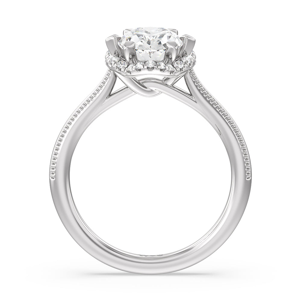 Oval Cut Floral Halo Cathedral Engagement Ring with Lab Grown Diamond in 14KT Platinum view 2
