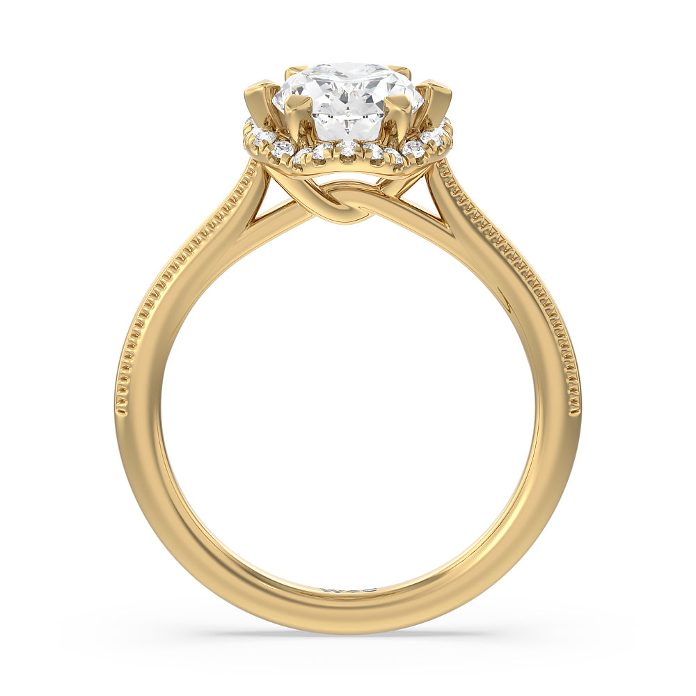 Oval Cut Floral Halo Cathedral Engagement Ring with Lab Grown Diamond in 14KT Yellow Gold view 2
