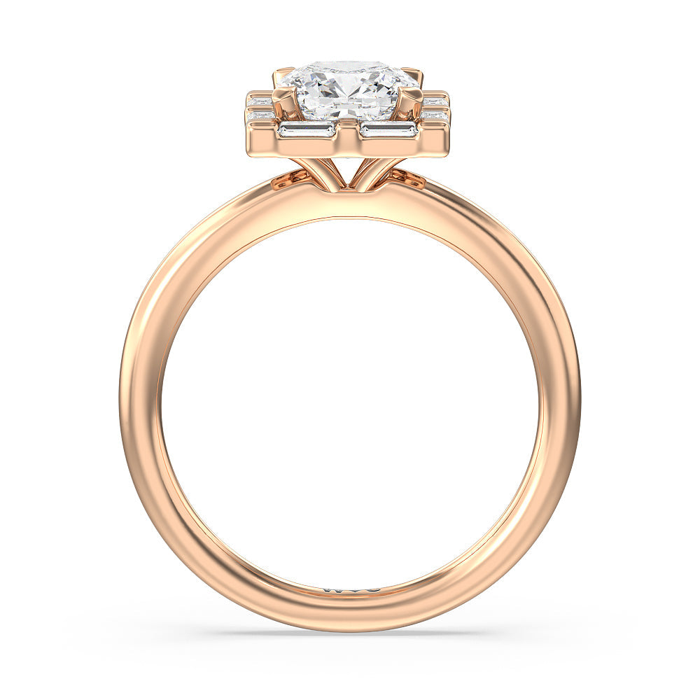 Vintage Baguette Halo Engagement Ring with Cushion Cut Diamond in 14KT Rose Gold view 2
