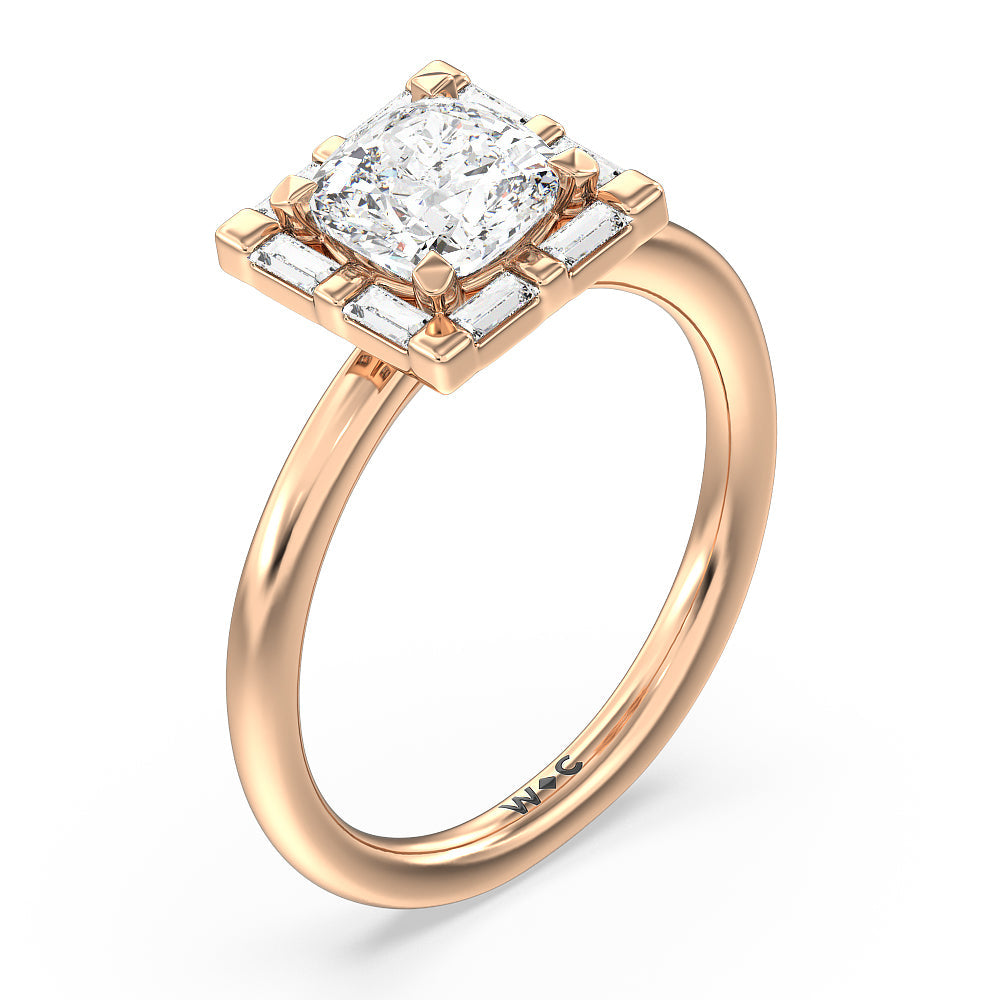 Vintage Baguette Halo Engagement Ring with Cushion Cut Diamond in 14KT Rose Gold view 3
