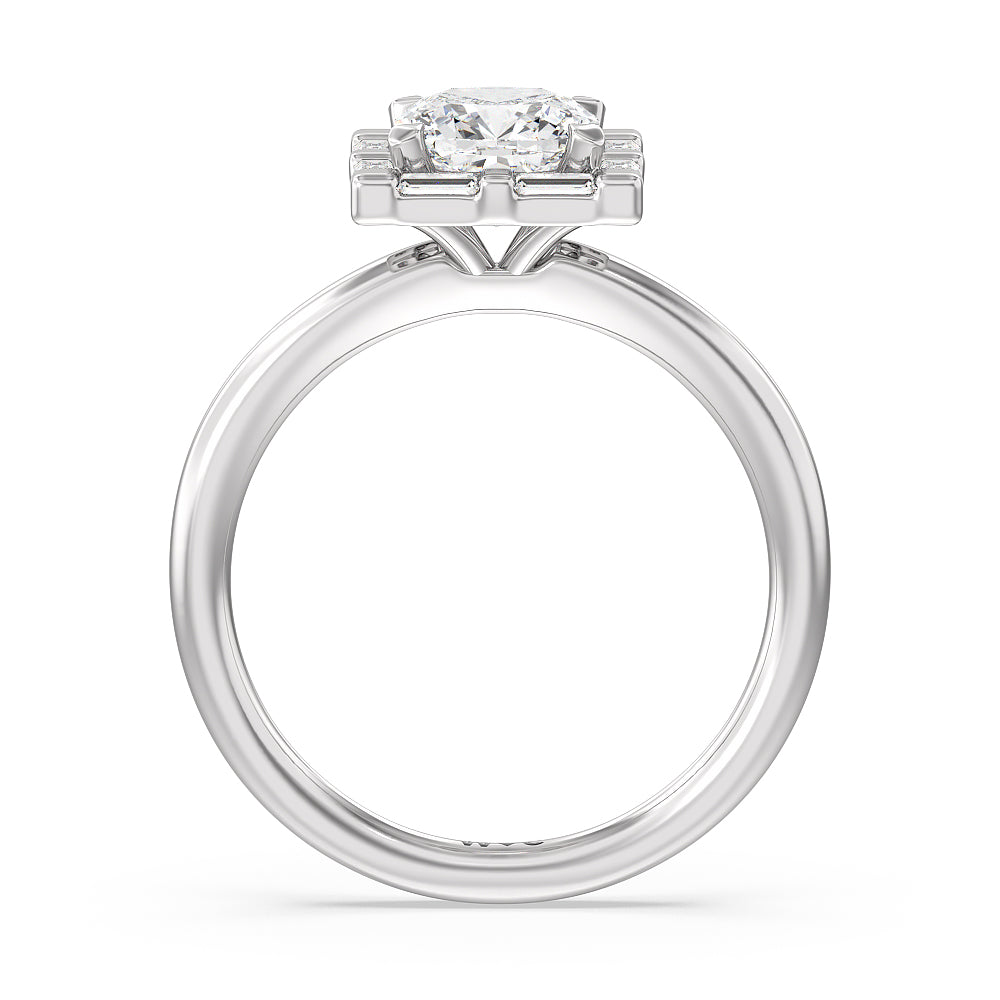 Vintage Baguette Halo Engagement Ring with Cushion Cut Diamond in 14KT Platinum view 2
