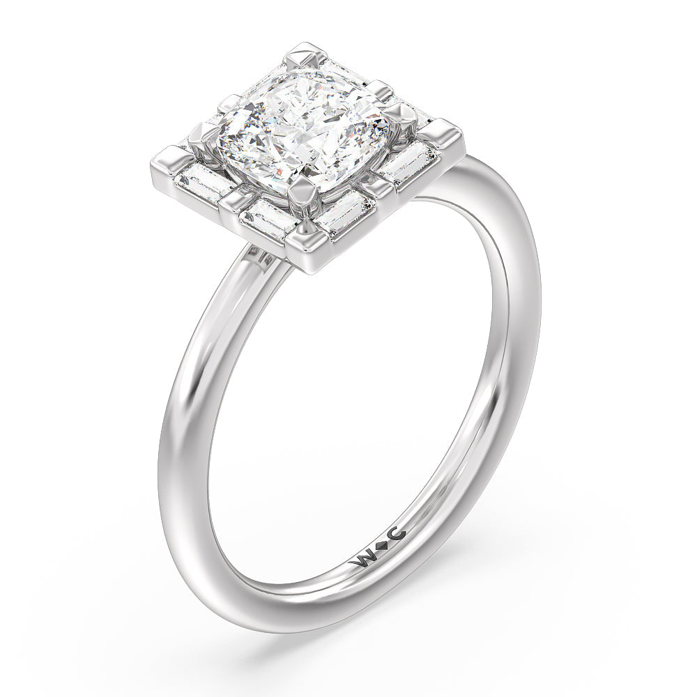Vintage Baguette Halo Engagement Ring with Cushion Cut Diamond in 14KT Platinum view 3
