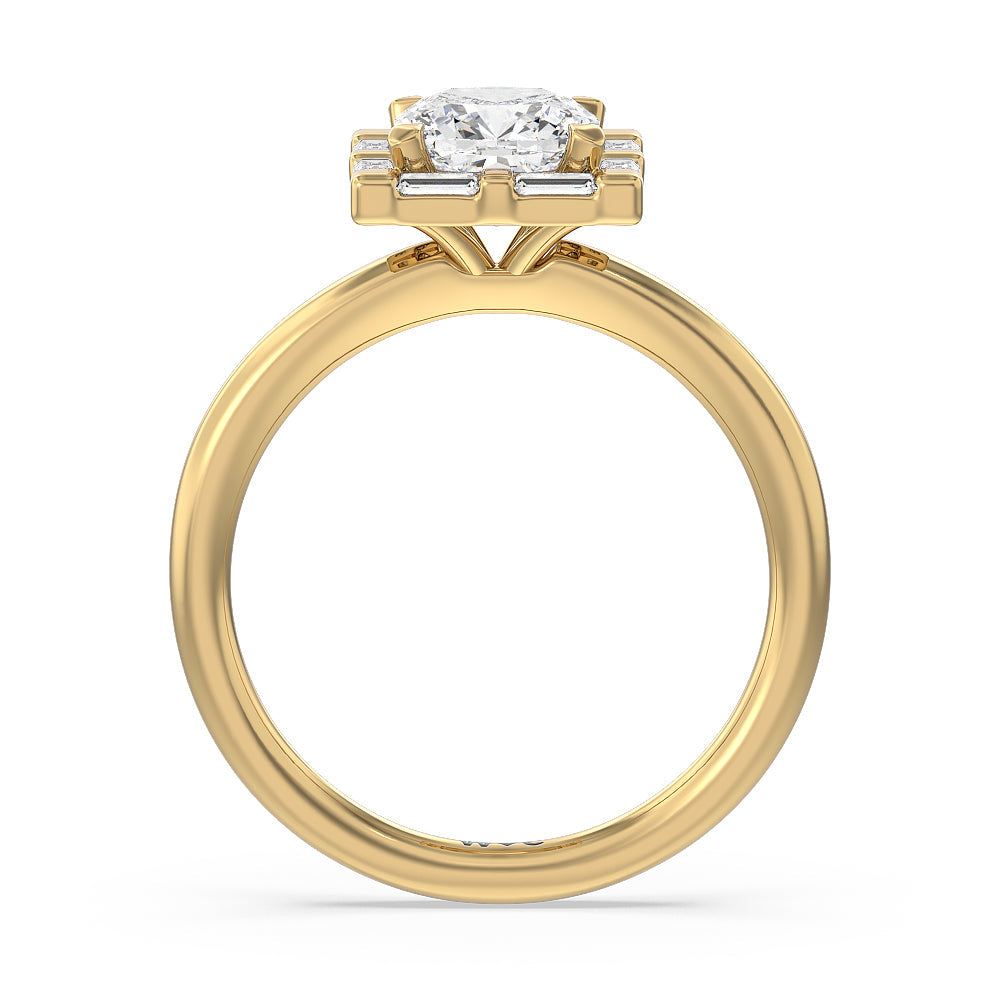 Vintage Baguette Halo Engagement Ring with Cushion Cut Diamond in 14KT Yellow Gold view 2

