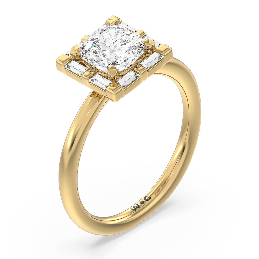 Vintage Baguette Halo Engagement Ring with Cushion Cut Diamond in 14KT Yellow Gold view 3

