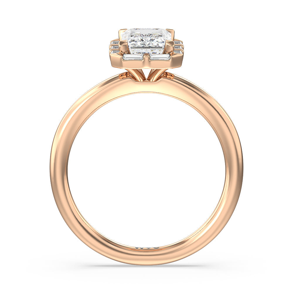 Vintage Baguette Halo Engagement Ring with Emerald Cut Diamond in 14KT Rose Gold view 2
