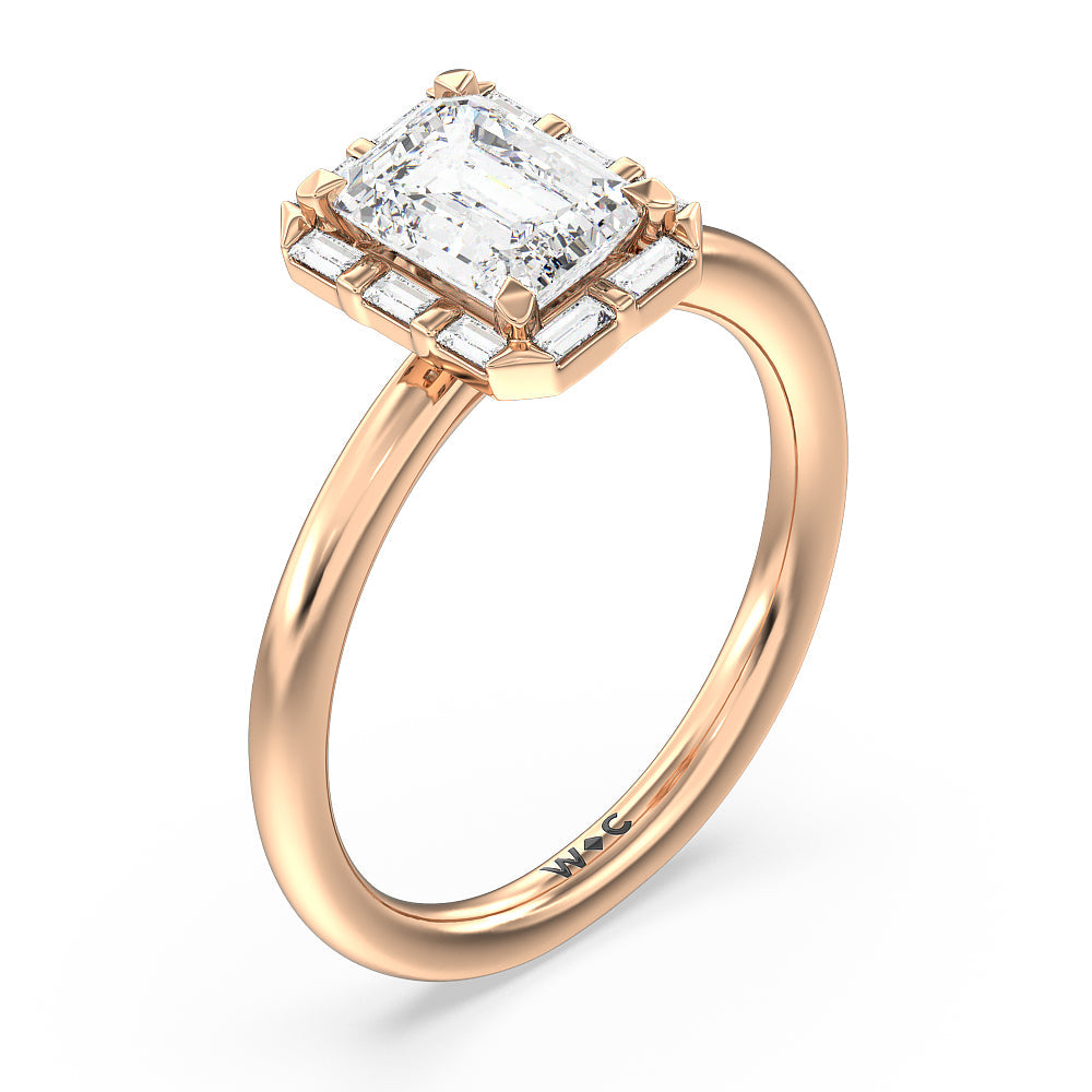 Vintage Baguette Halo Engagement Ring with Emerald Cut Diamond in 14KT Rose Gold view 3
