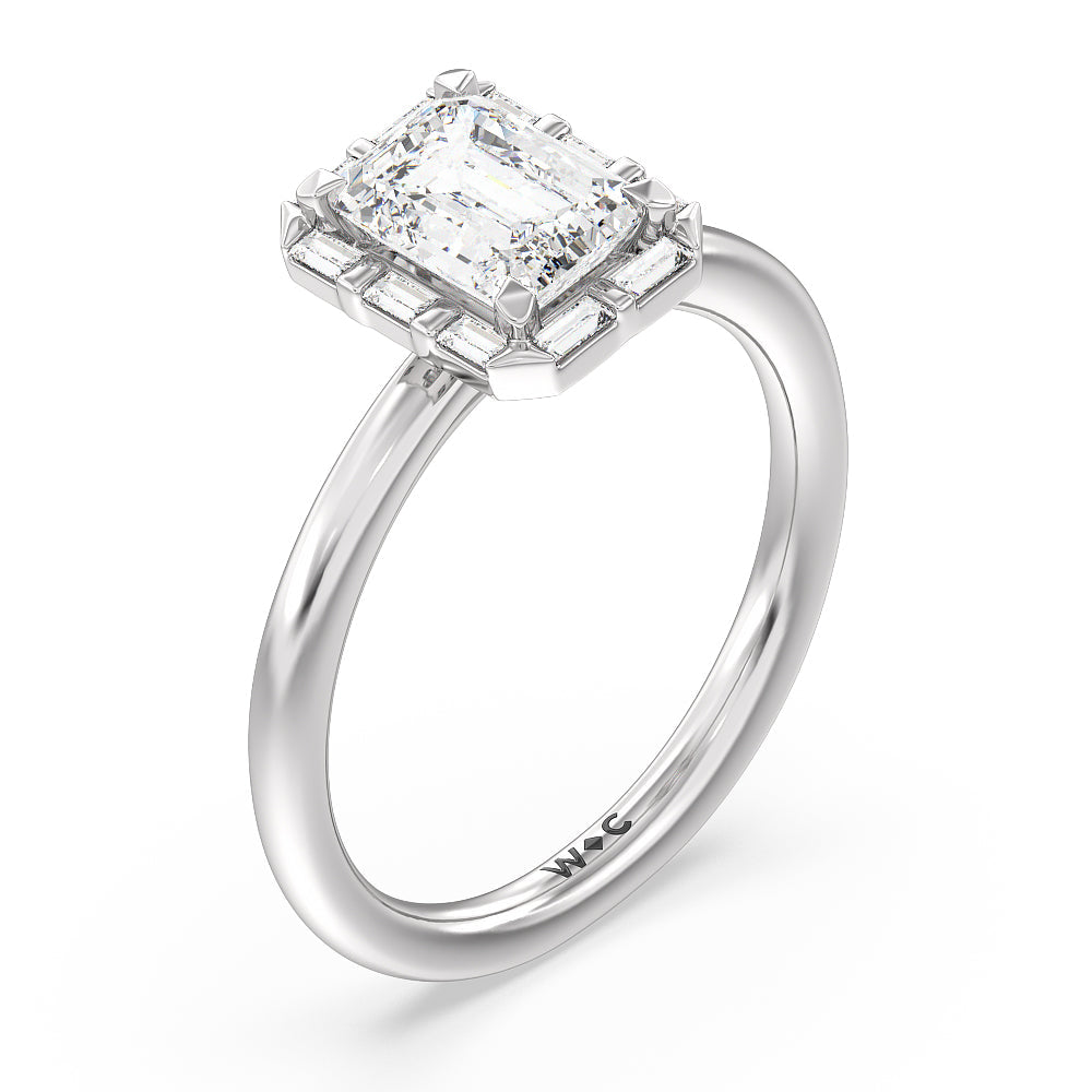 Vintage Baguette Halo Engagement Ring with Emerald Cut Diamond in 14KT Platinum view 3
