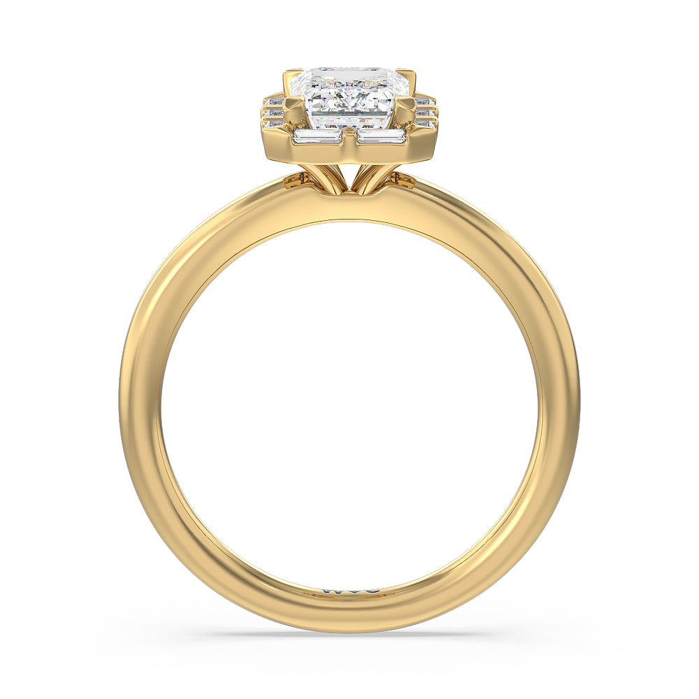 Vintage Baguette Halo Engagement Ring with Emerald Cut Diamond in 14KT Yellow Gold view 2
