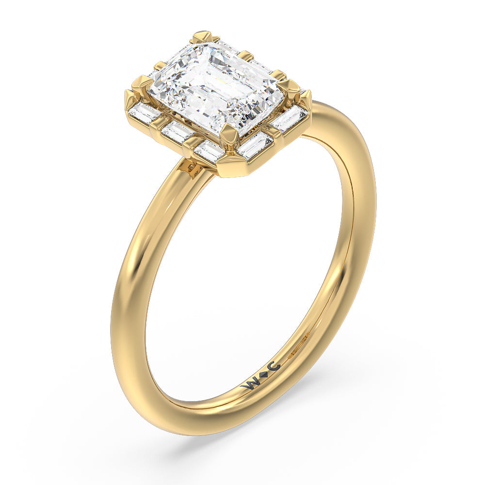 Vintage Baguette Halo Engagement Ring with Emerald Cut Diamond in 14KT Yellow Gold view 3

