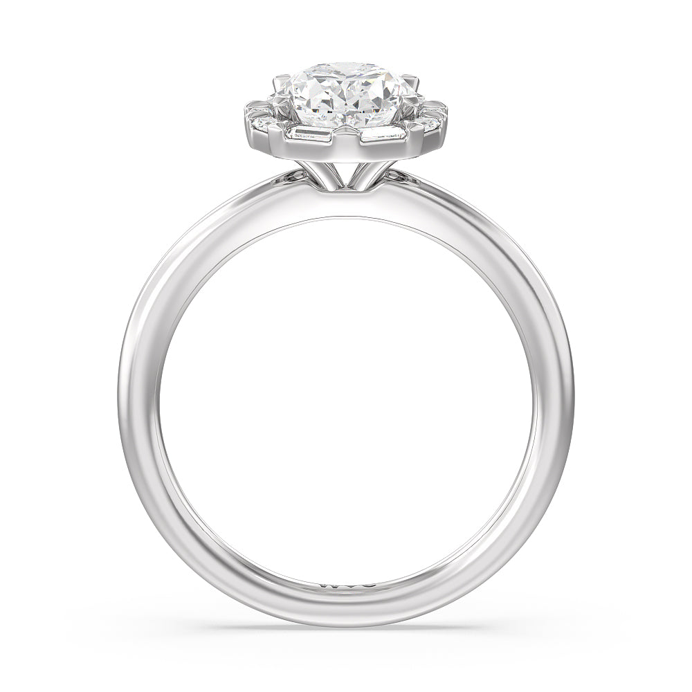 Vintage Baguette Halo Engagement Ring with Oval Cut Diamond in 14KT Platinum view 2
