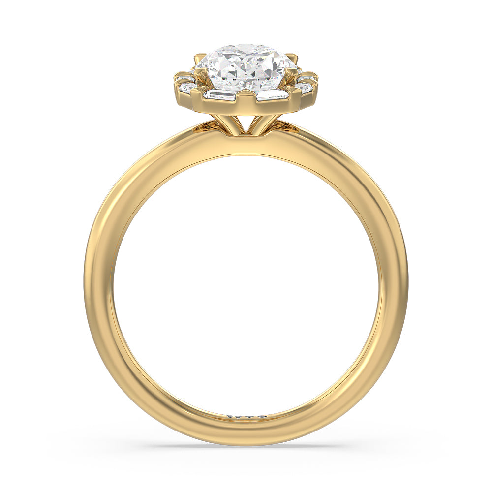 Vintage Baguette Halo Engagement Ring with Oval Cut Diamond in 14KT Yellow Gold view 2
