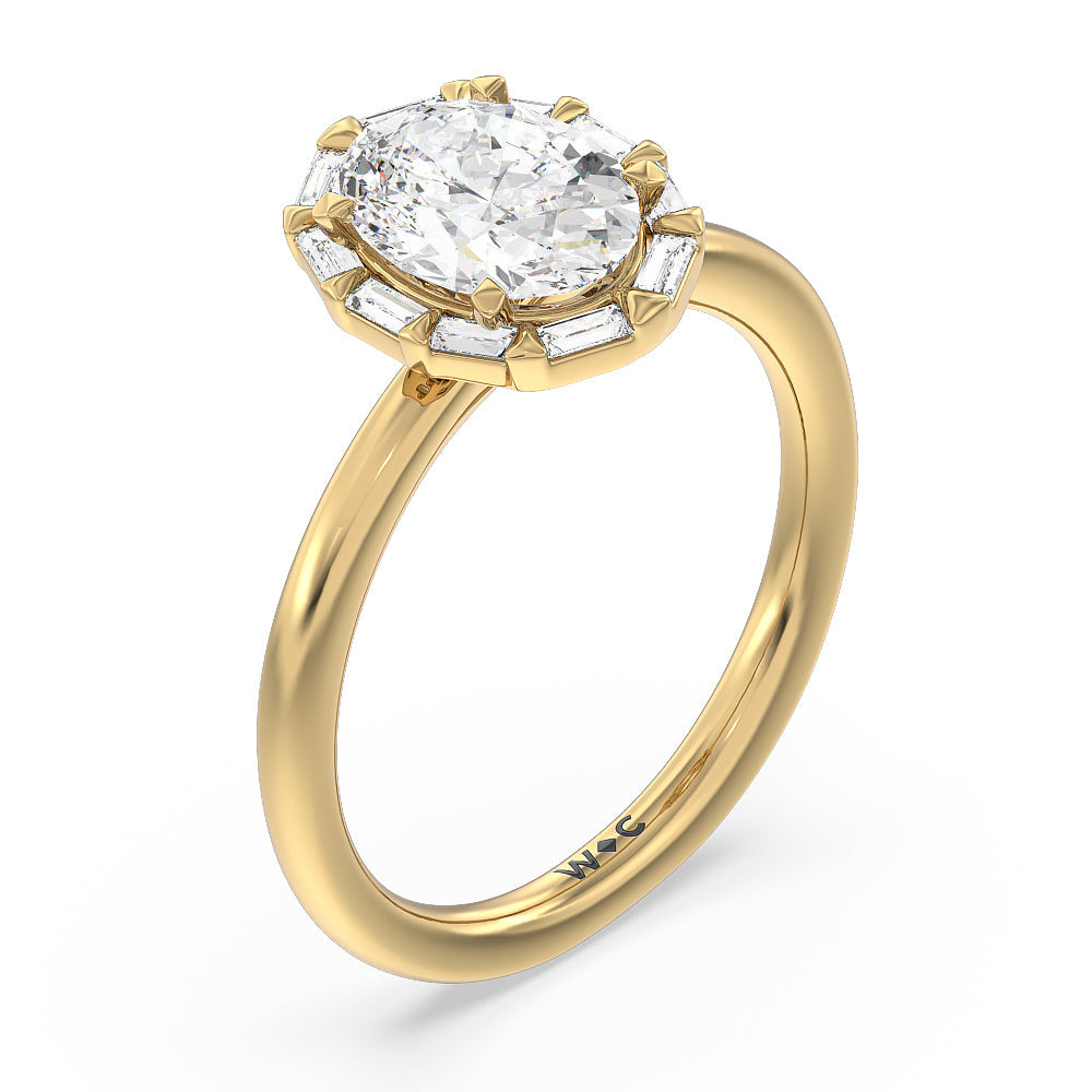 Vintage Baguette Halo Engagement Ring with Oval Cut Diamond in 14KT Yellow Gold view 3
