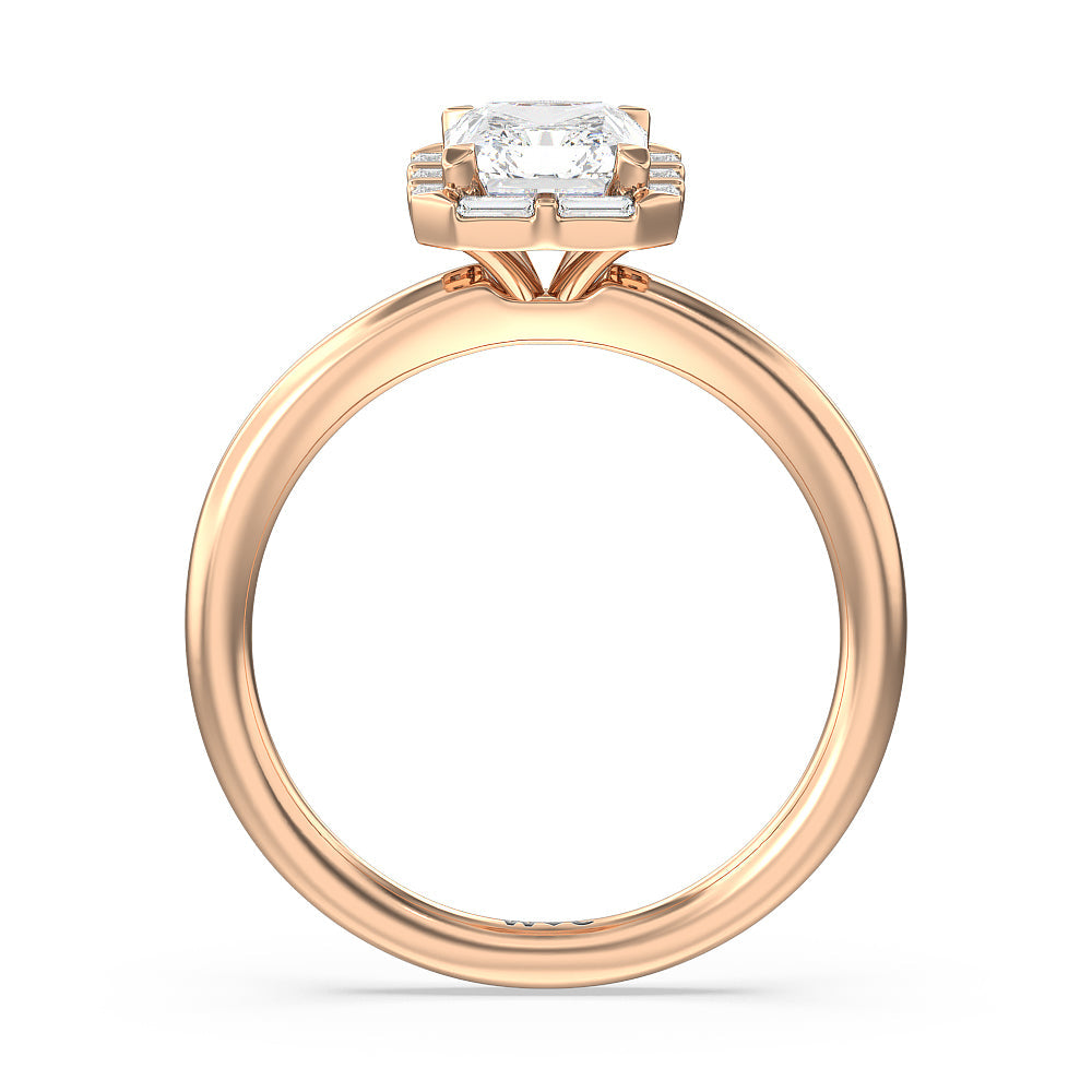 Vintage Baguette Halo Engagement Ring with Radiant Cut Diamond in 14KT Rose Gold view 2
