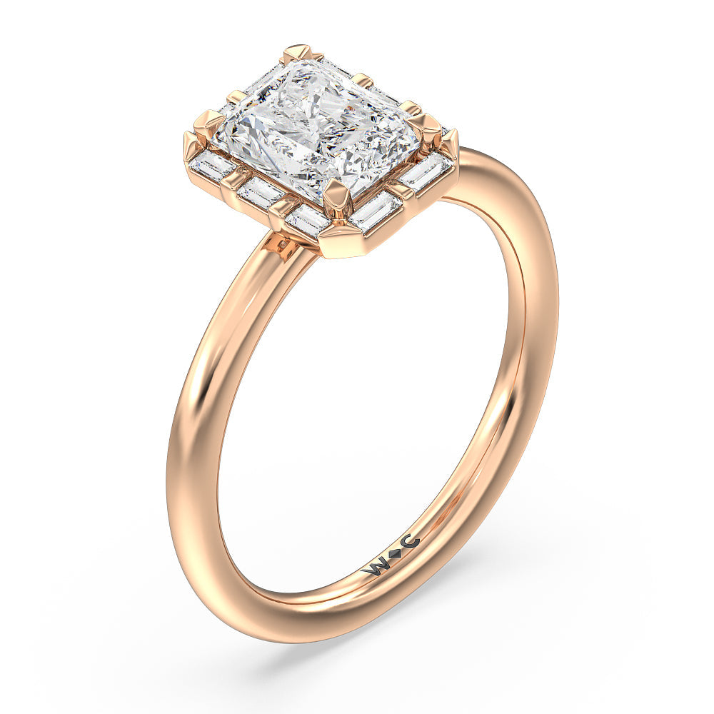 Vintage Baguette Halo Engagement Ring with Radiant Cut Diamond in 14KT Rose Gold view 3
