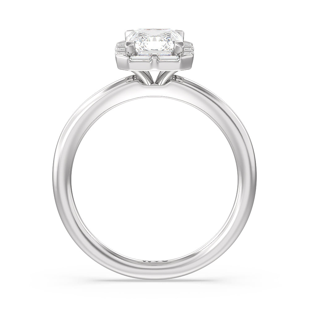 Vintage Baguette Halo Engagement Ring with Radiant Cut Diamond in 14KT Platinum view 2
