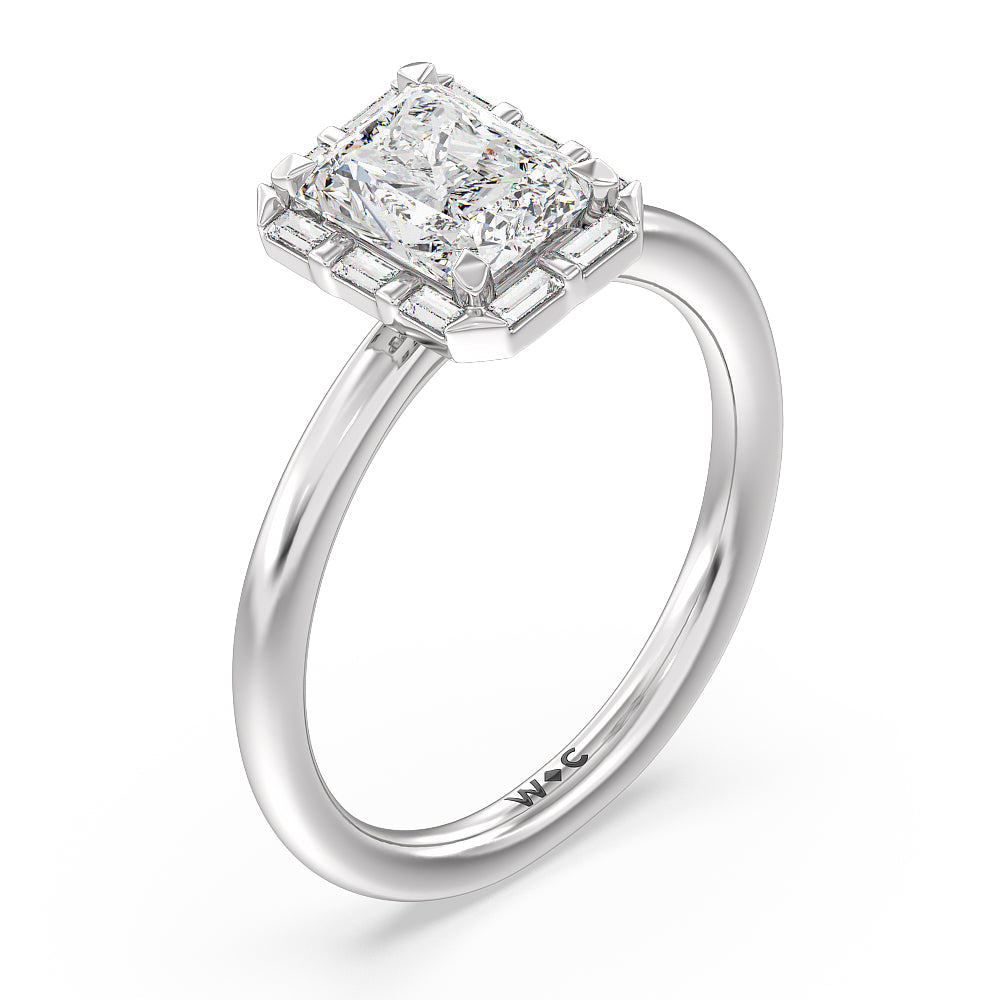 Vintage Baguette Halo Engagement Ring with Radiant Cut Diamond in 14KT Platinum view 3
