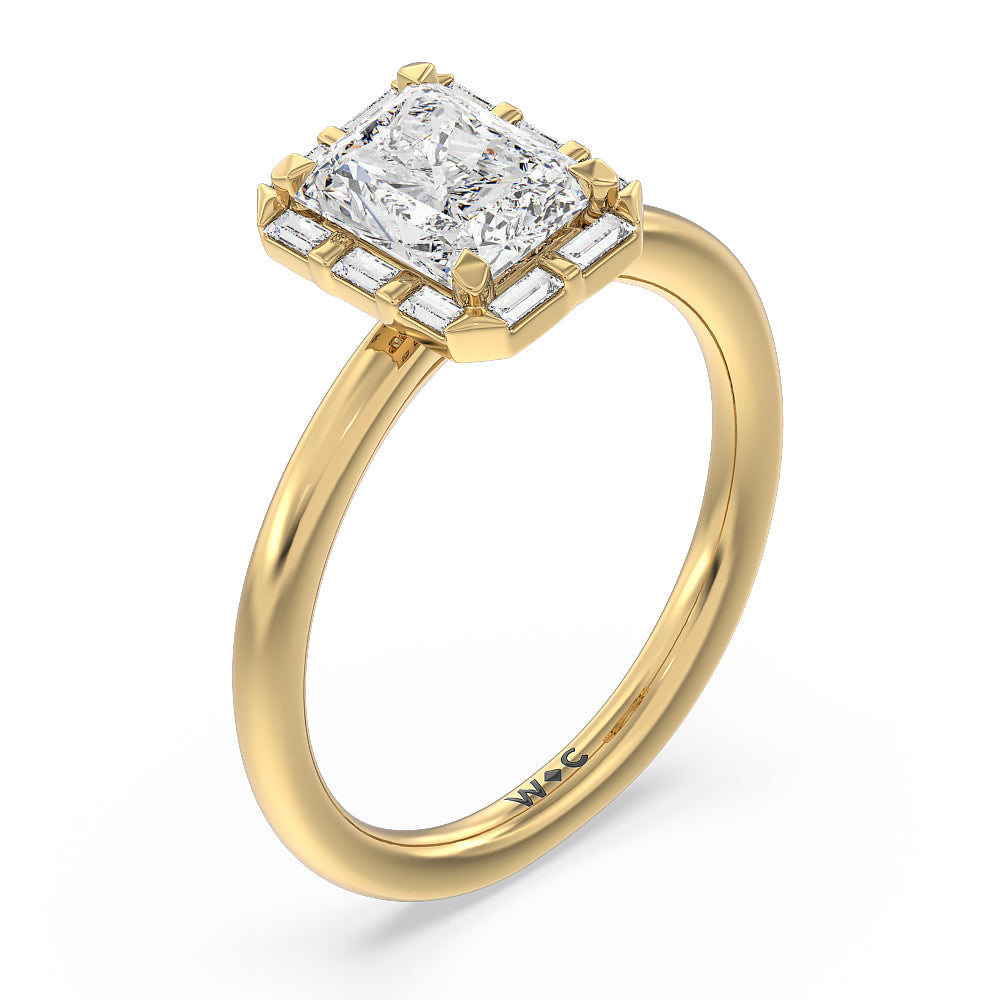 Vintage Baguette Halo Engagement Ring with Radiant Cut Diamond in 14KT Yellow Gold view 3
