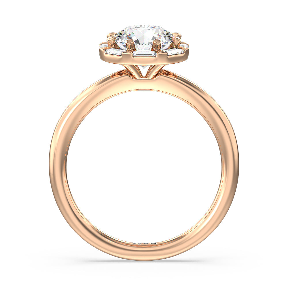Vintage Baguette Halo Engagement Ring with Round Cut Diamond in 14KT Rose Gold view 2
