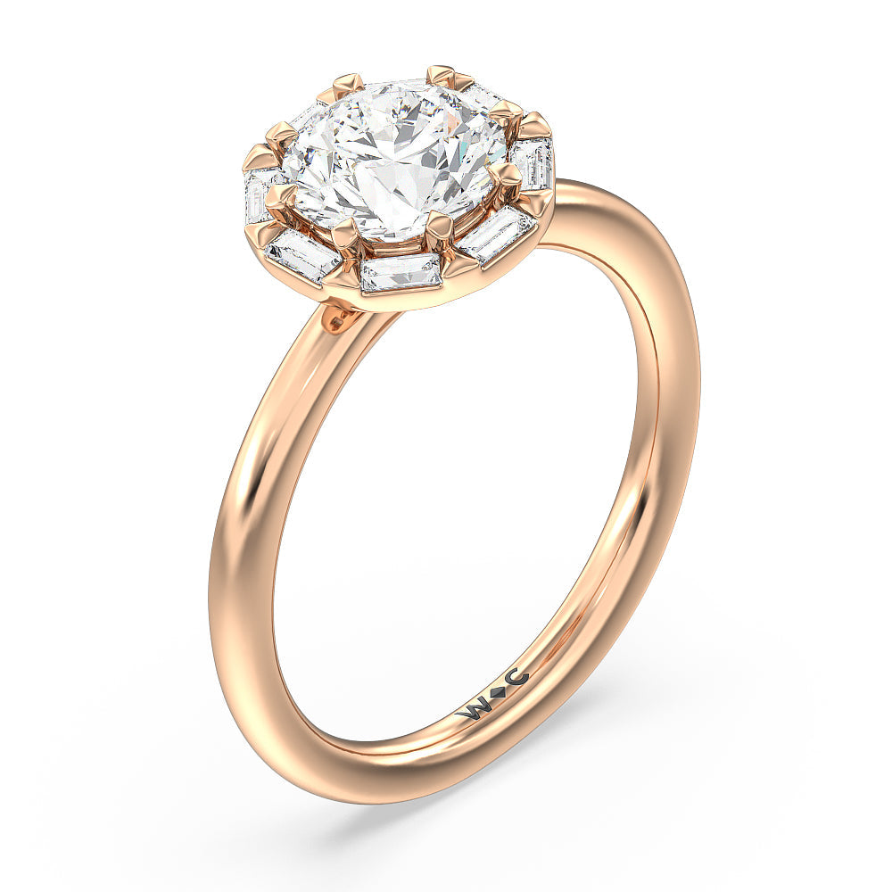 Vintage Baguette Halo Engagement Ring with Round Cut Diamond in 14KT Rose Gold view 3

