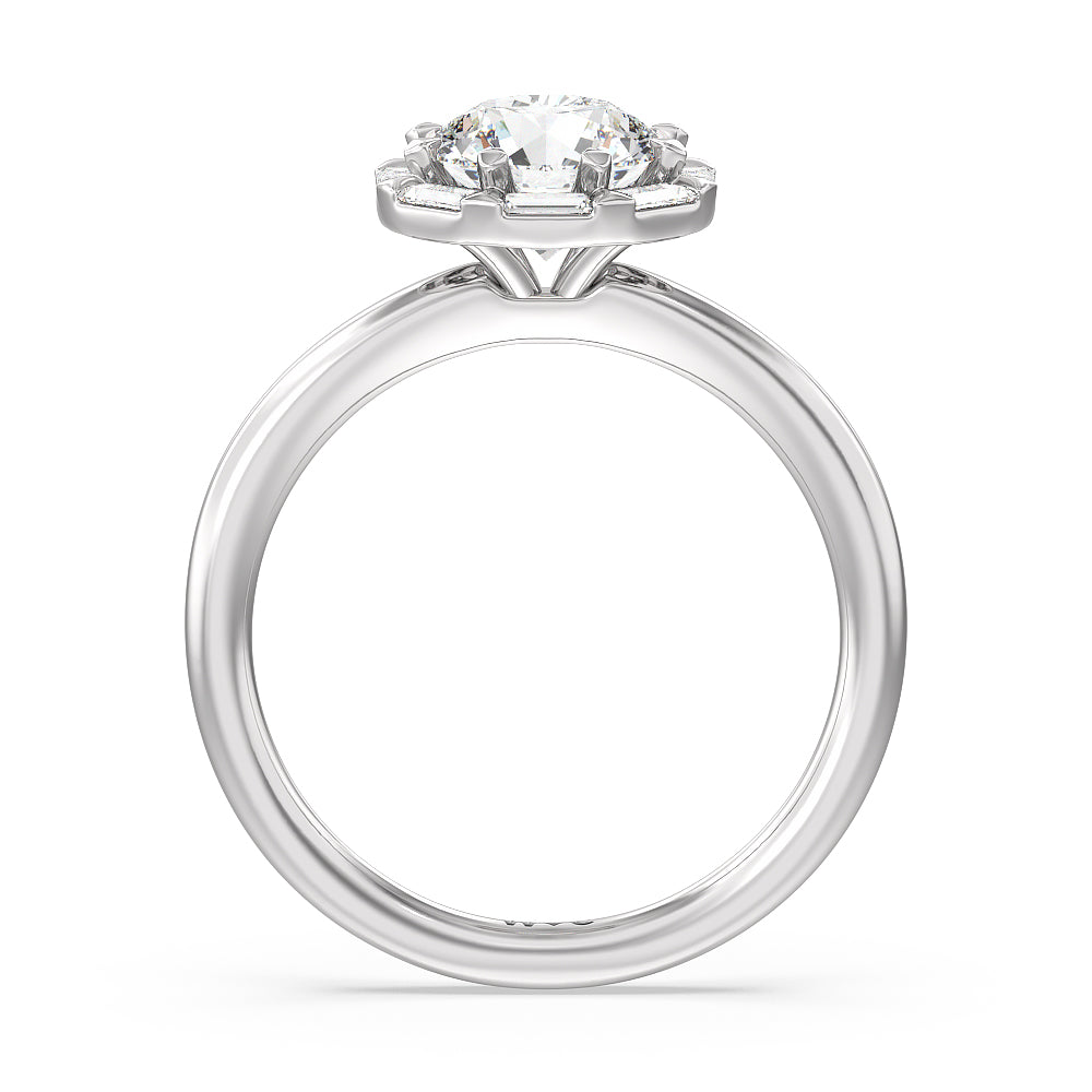 Vintage Baguette Halo Engagement Ring with Round Cut Diamond in 14KT Platinum view 2
