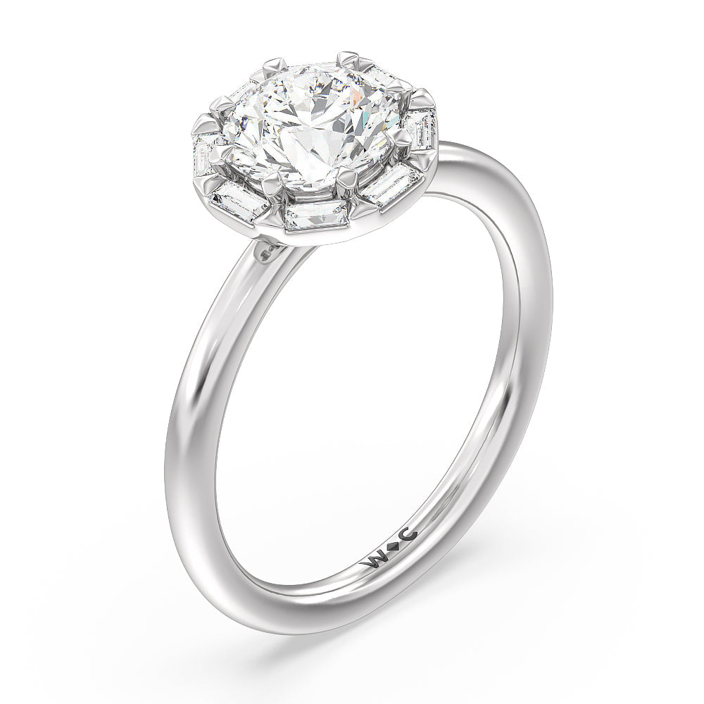 Vintage Baguette Halo Engagement Ring with Round Cut Diamond in 14KT Platinum view 3
