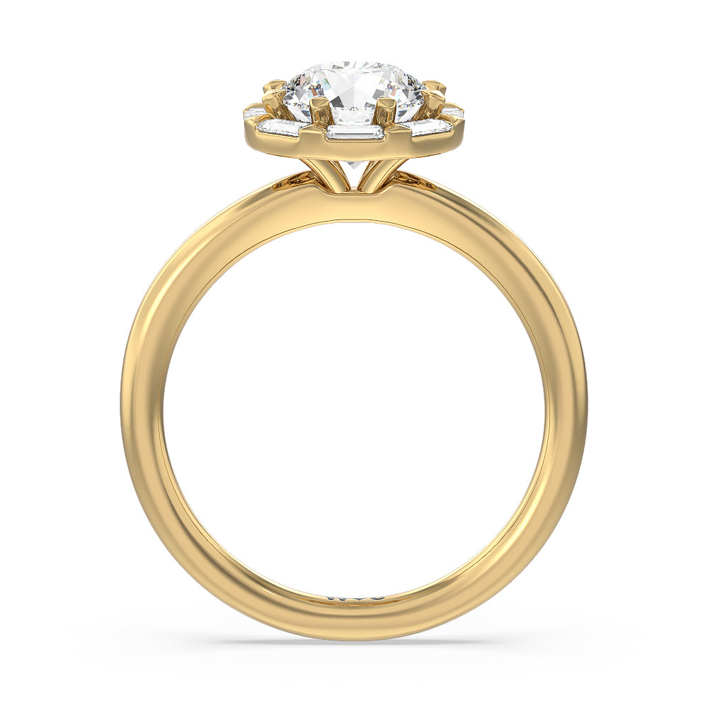 Vintage Baguette Halo Engagement Ring with Round Cut Diamond in 14KT Yellow Gold view 2
