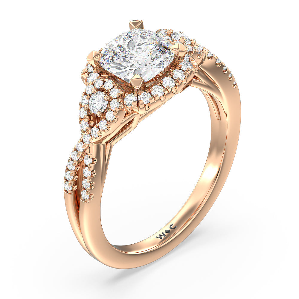 Elegant Halo Side Stone Accent Engagement Ring with Cushion Cut Diamond in 14KT Rose Gold view 3
