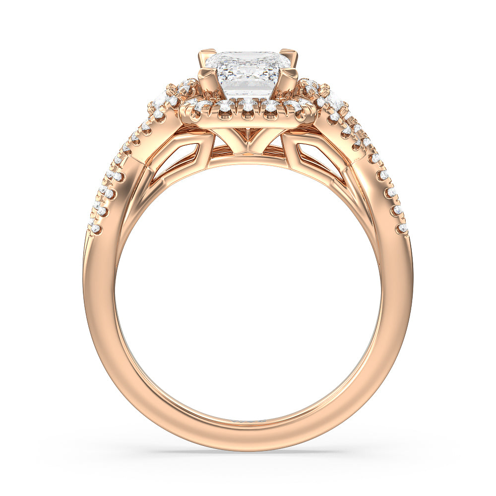 Elegant Halo Side Stone Accent Engagement Ring with Emerald Cut Diamond in 14KT Rose Gold view 2
