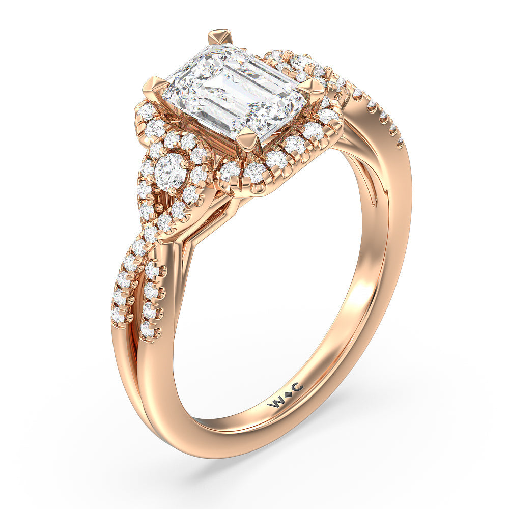 Elegant Halo Side Stone Accent Engagement Ring with Emerald Cut Diamond in 14KT Rose Gold view 3
