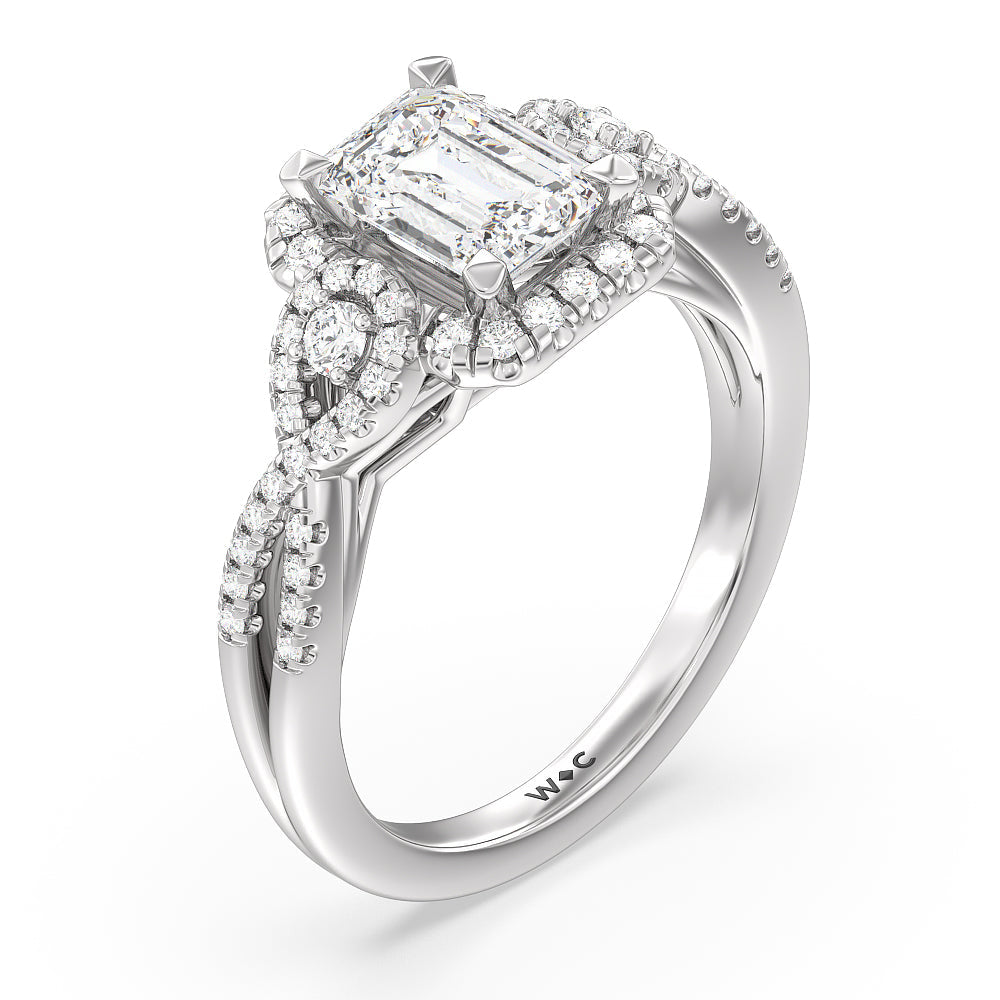 Elegant Halo Side Stone Accent Engagement Ring with Emerald Cut Diamond in 14KT Platinum view 3
