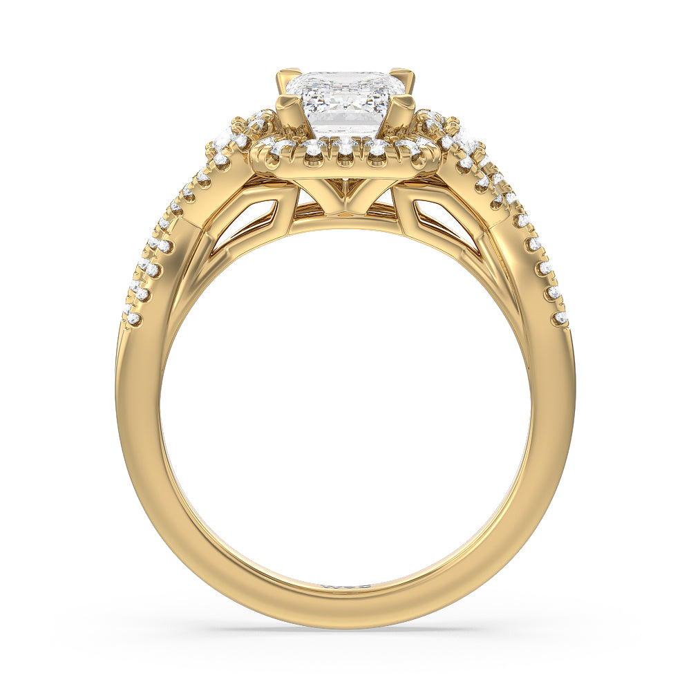 Elegant Halo Side Stone Accent Engagement Ring with Emerald Cut Diamond in 14KT Yellow Gold view 2
