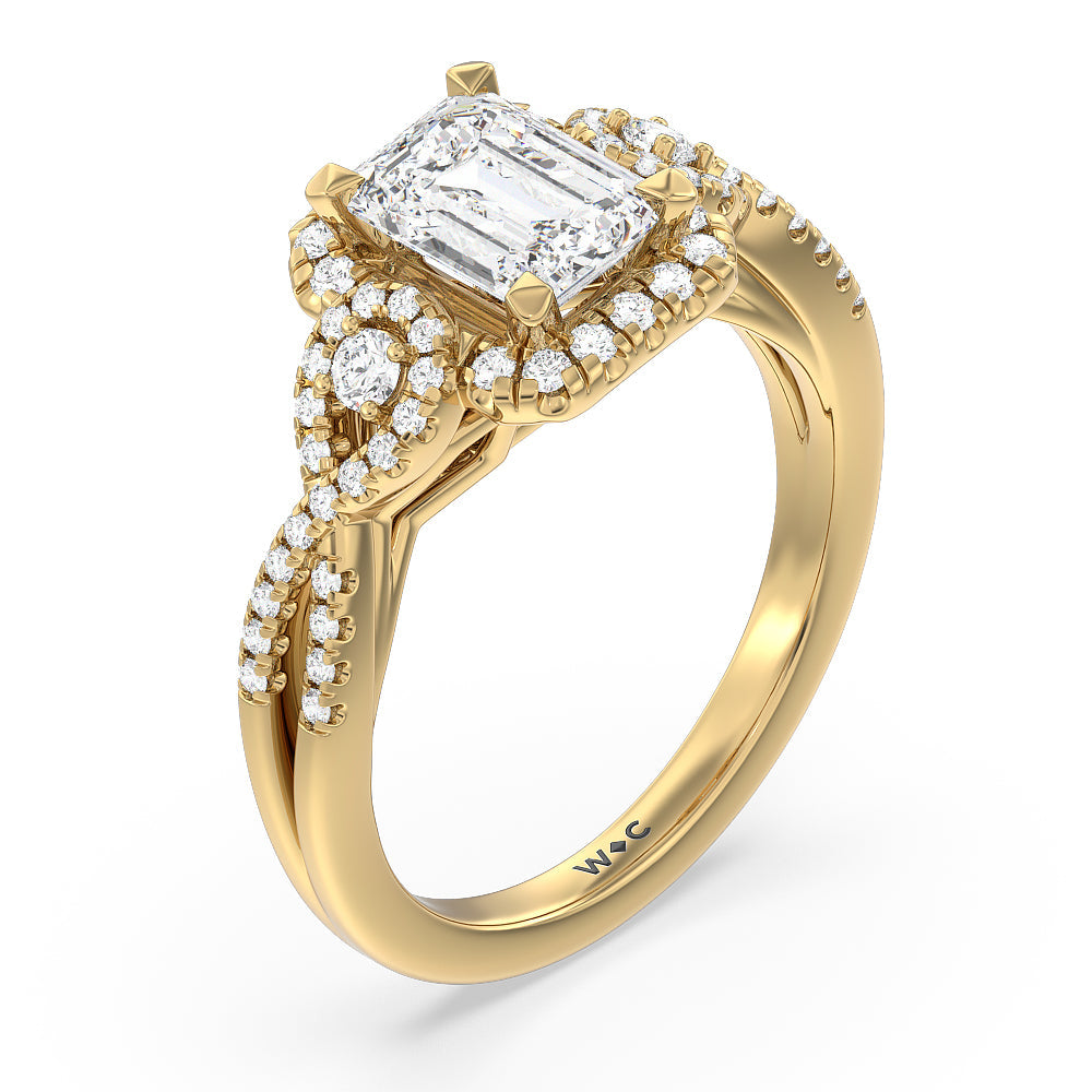 Elegant Halo Side Stone Accent Engagement Ring with Emerald Cut Diamond in 14KT Yellow Gold view 3
