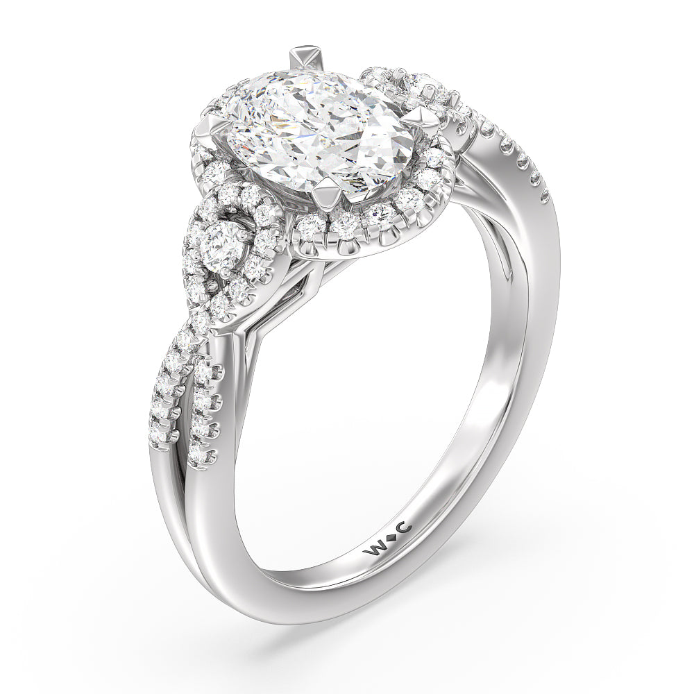 Elegant Halo Side Stone Accent Engagement Ring with Oval Cut Diamond in 14KT Platinum view 3

