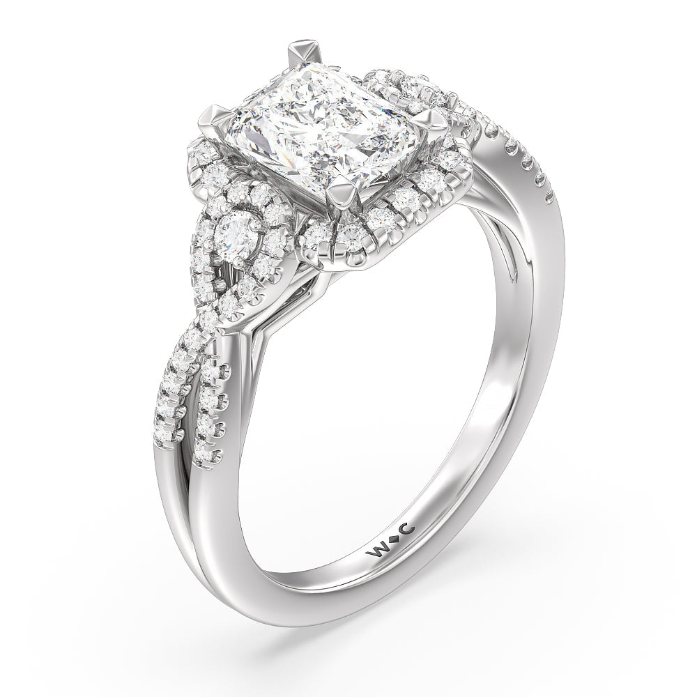Elegant Halo Side Stone Accent Engagement Ring with Radiant Cut Diamond in 14KT Platinum view 3
