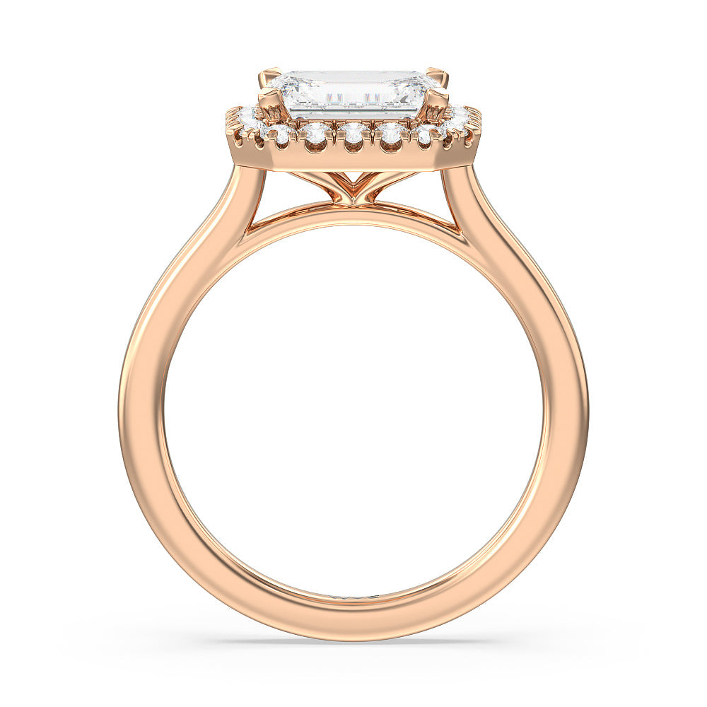 East West Halo Cathedral Engagement Ring with West Emerald Cut Diamond in 14KT Rose Gold view 2
