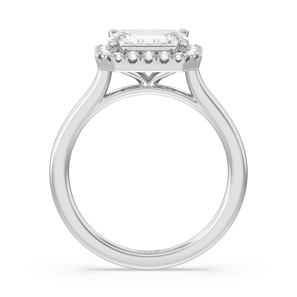 East West Halo Cathedral Engagement Ring with West Emerald Cut Diamond in 14KT Platinum view 2
