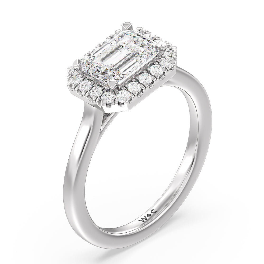 East West Halo Cathedral Engagement Ring with West Emerald Cut Diamond in 14KT Platinum view 3

