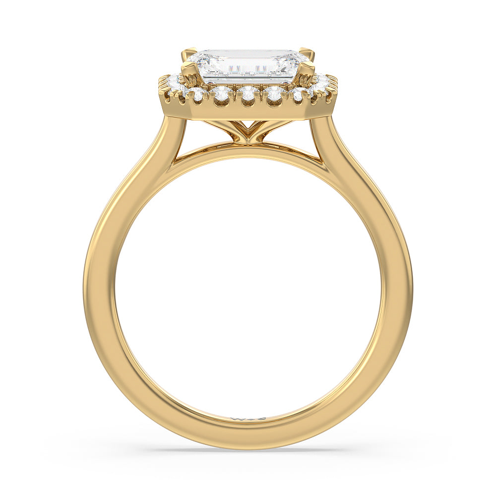 East West Halo Cathedral Engagement Ring with West Emerald Cut Diamond in 14KT Yellow Gold view 2
